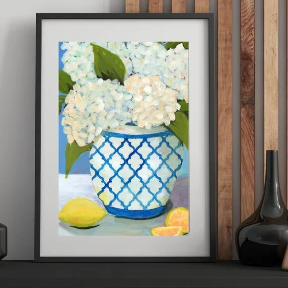 Farmhouse Style Hydrangea Painting White & Blue Vase Floral Decor Fashion Art - Picture 2 of 9
